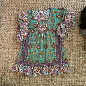 Sand & Spirit Boho Swim Dress Cover-Up | XL |Embroidery & Pom-Poms | Ruffled Hem